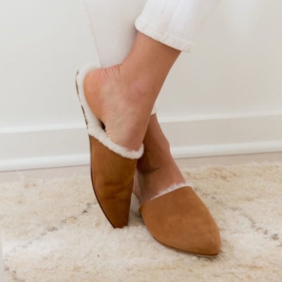 Jenni Kayne Shearling Lined Pointed Toe Mule Walnut EU38 US7.5-8 Leather Italy - Picture 1 of 7